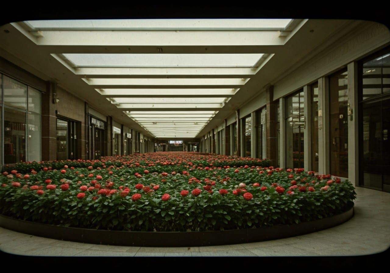 Empty Mall Reclaimed by Nature: VHS Aesthetic