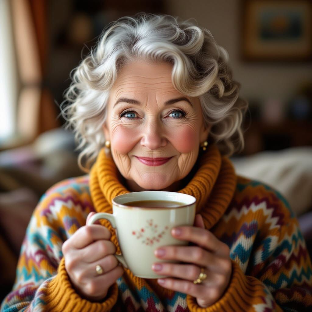 Elderly Woman Holds Steaming Tea in Cozy Living Room