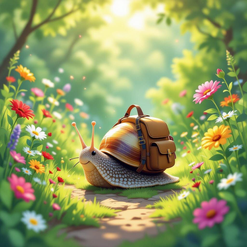 Whimsical Snail's Garden Adventure in Watercolor Style