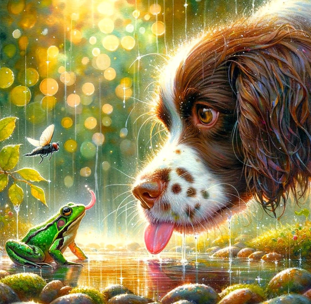 Springer Spaniel and Frog in Rainy Park, Watercolour