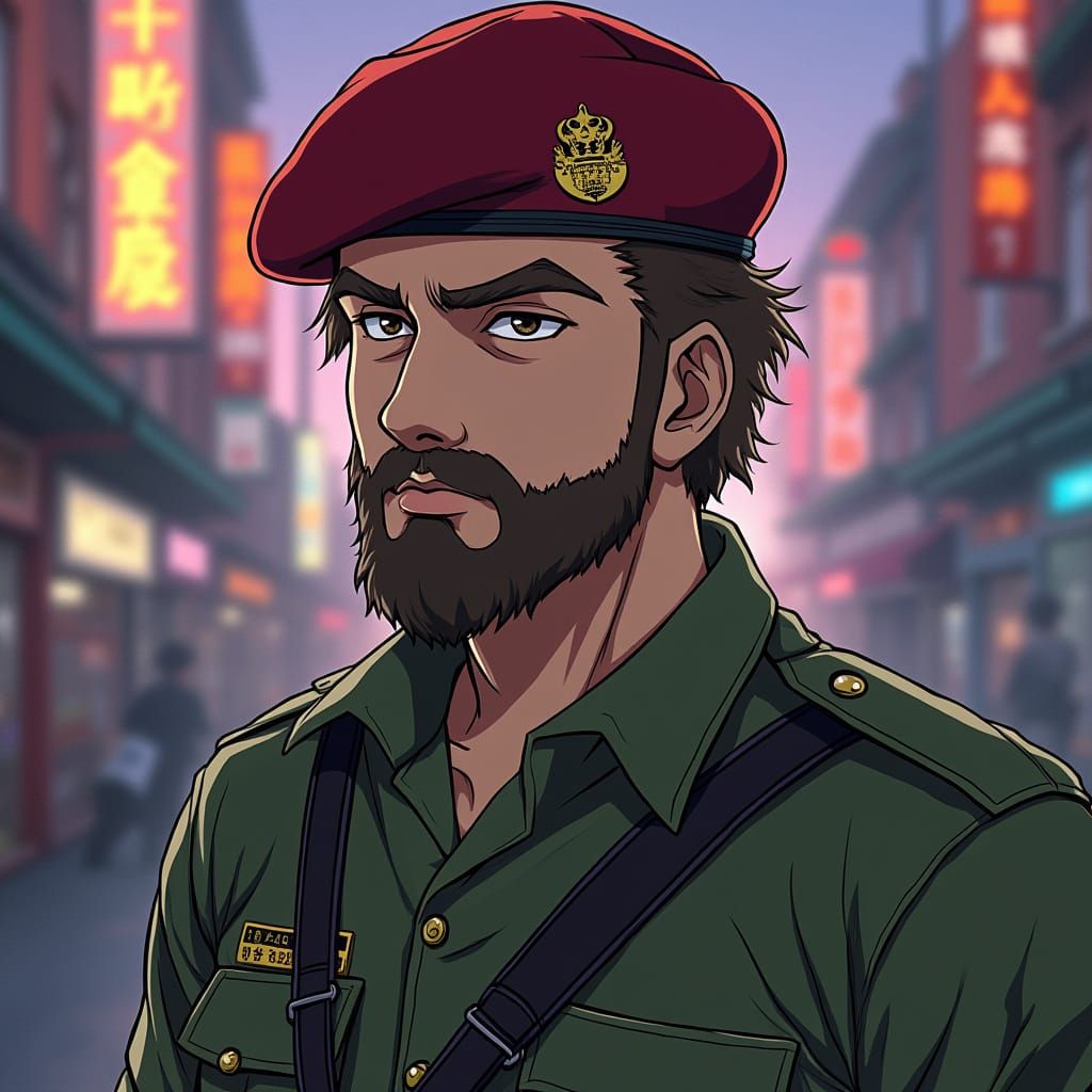 Cyberpunk Anime Soldier in Neon Urban Setting