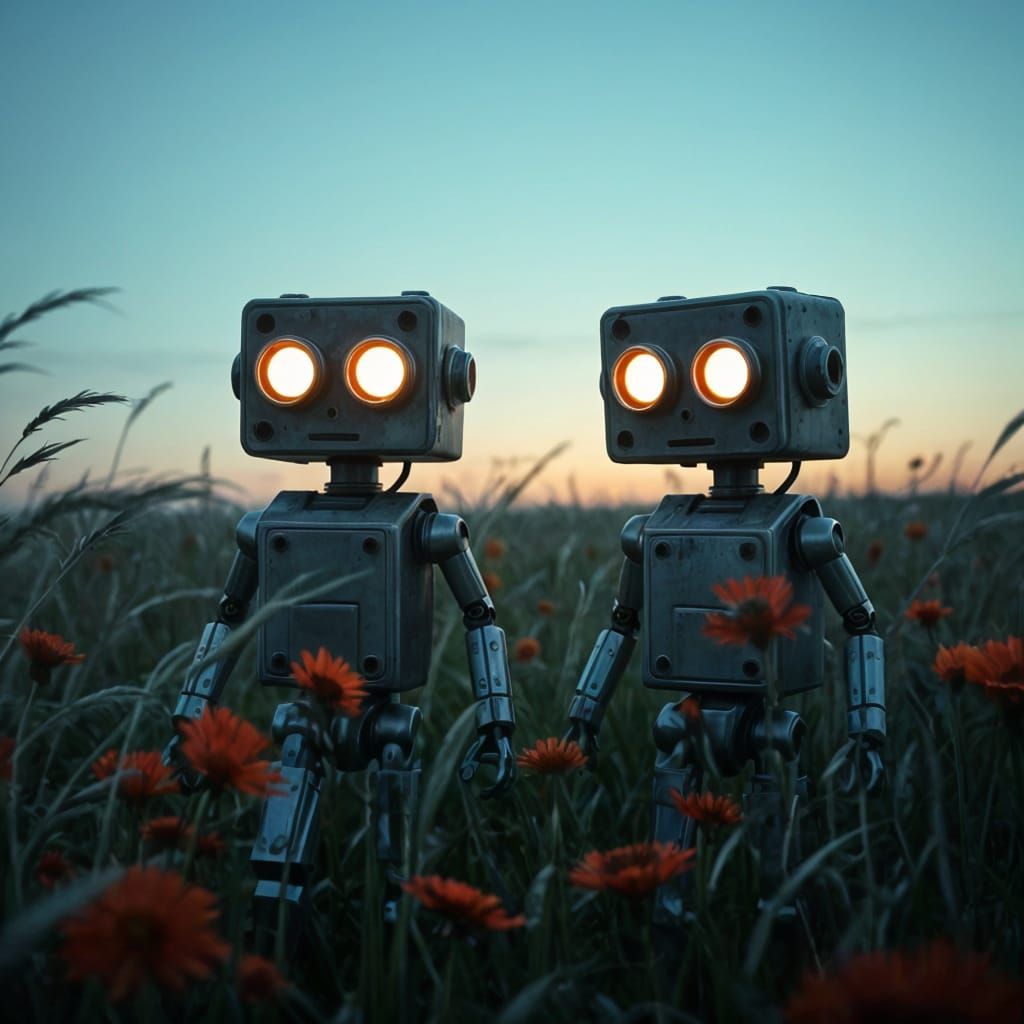 Retro Robots Wander Through Wind-Swept Wildflowers at Twilig...
