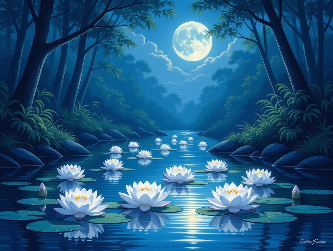 Moonlit Serenity: White Lotus Blooms on a Tranquil River