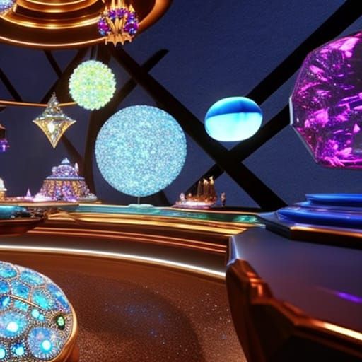 Bejeweled Elven Shop with large Gems on Crystal statues illuminated...