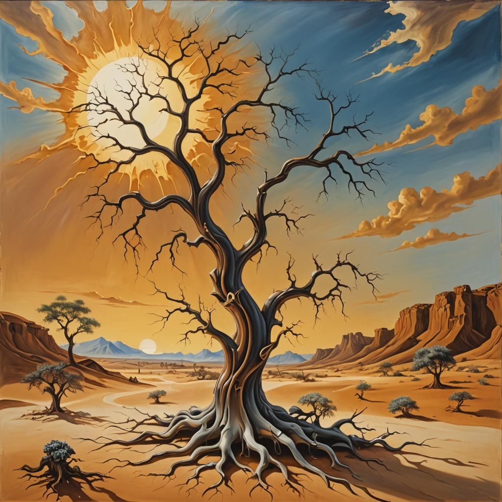 Surreal Tree of Life with Albatross in Desert