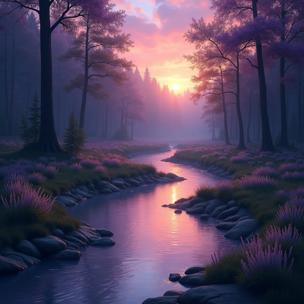 Creek Flowing Through Evening Forest with Reflections