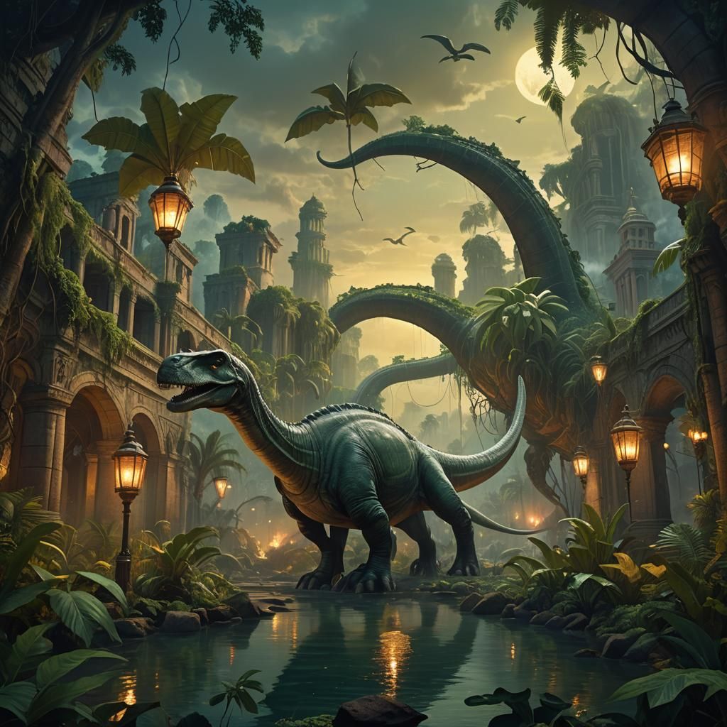 Retrofuturistic Dinosaur in Jungle Concept Art