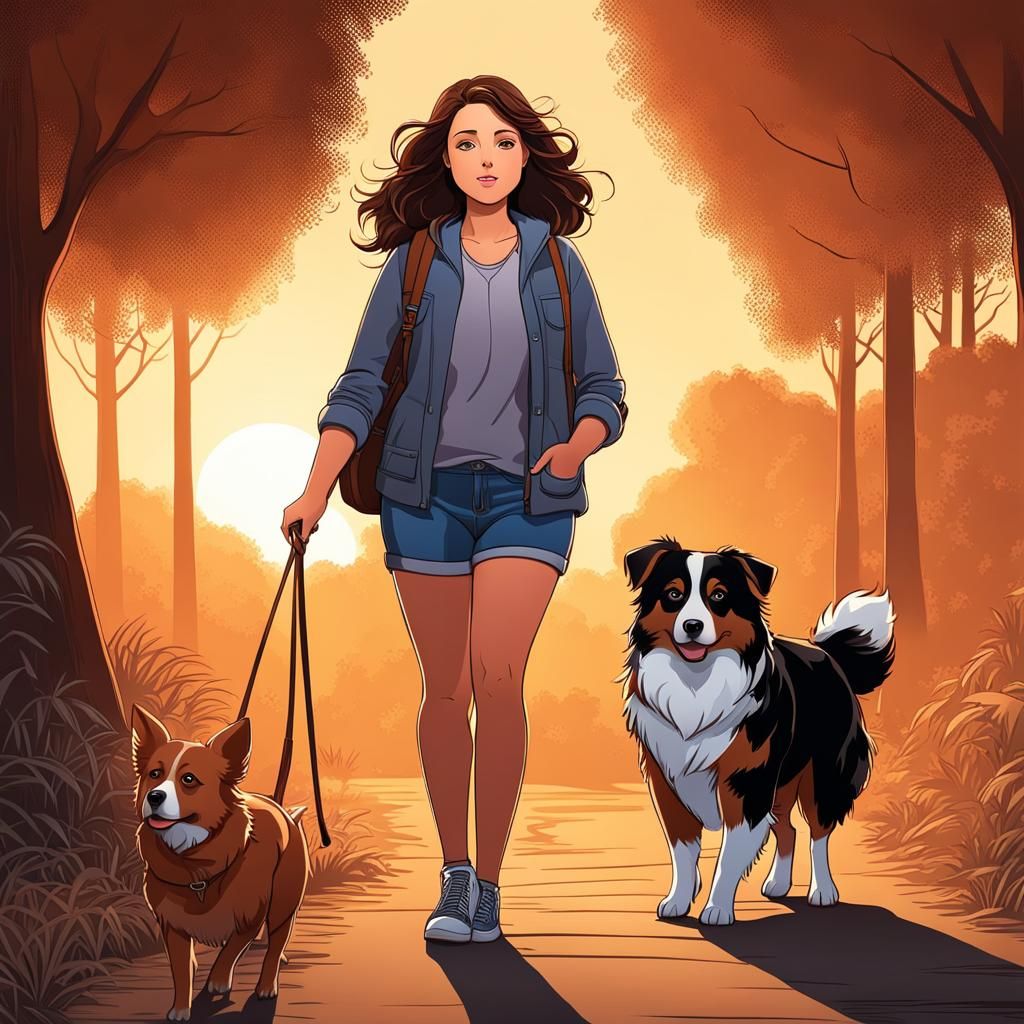 Young Girl Walking Dog at Dawn: Line Art