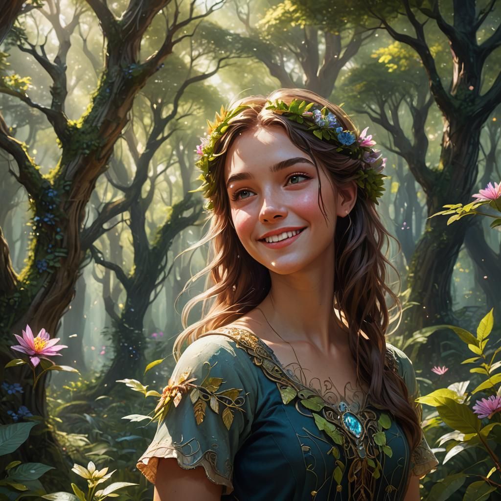 Girl Smiling in Whimsical Forest, Vibrant Oil Painting