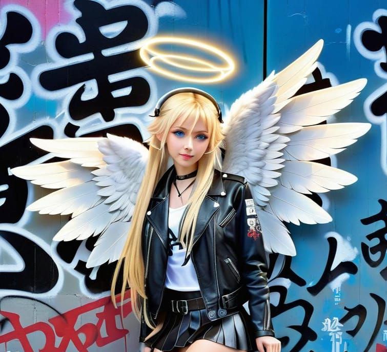 Anime Angel in Leather, Cel-Shaded Digital Art