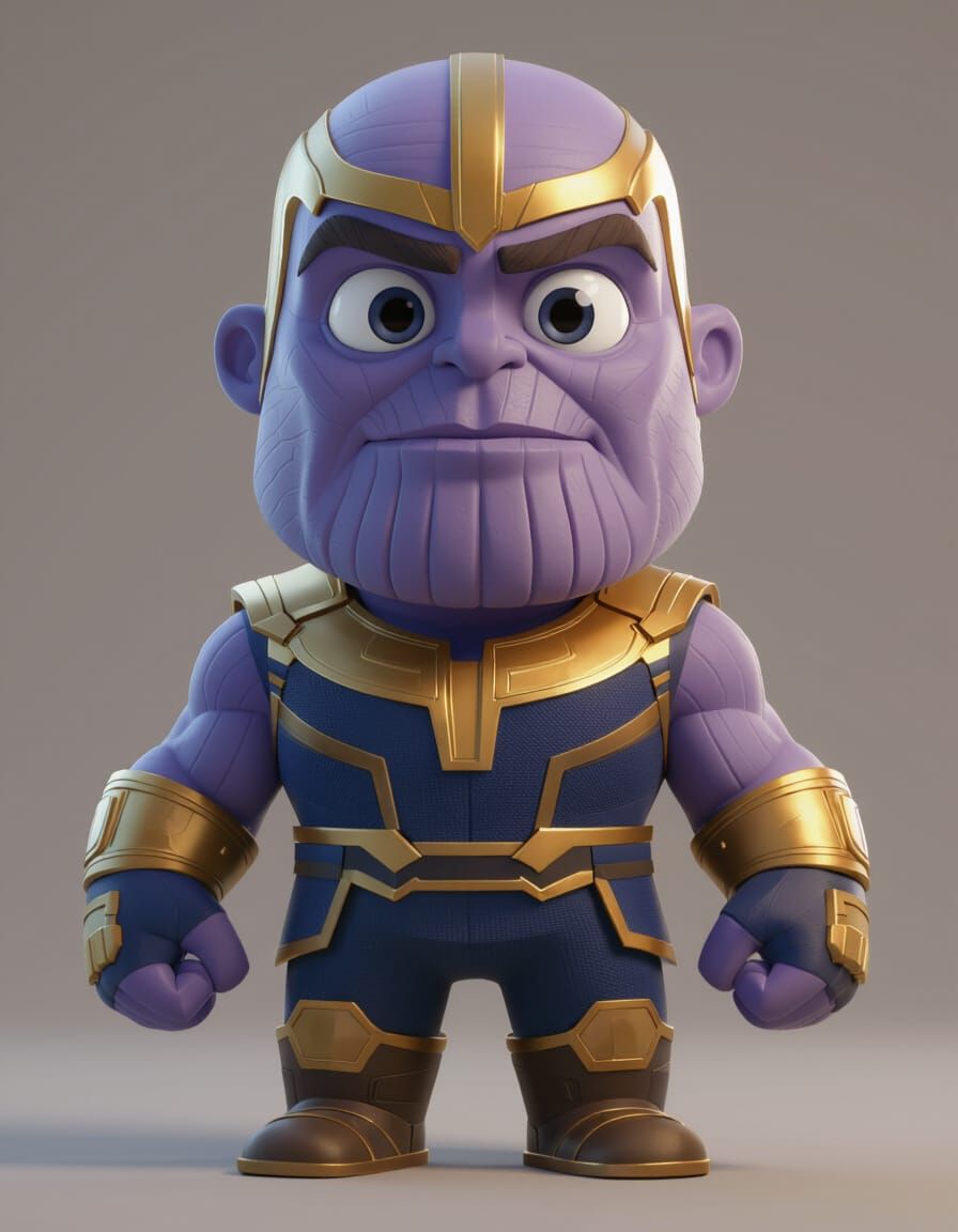 Pixar-inspired full-body stylized 3D character of Thanos with an oversized head and expressive facial features, large ro...
