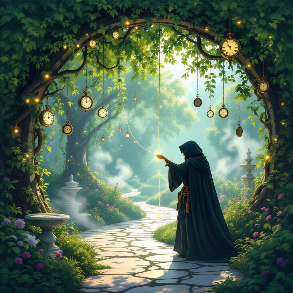 Surreal Time Traveler's Garden with Glowing Vines