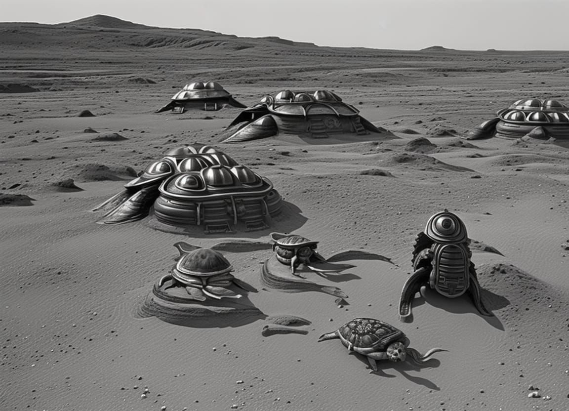 Turtles on Mars in Biomechanical Style