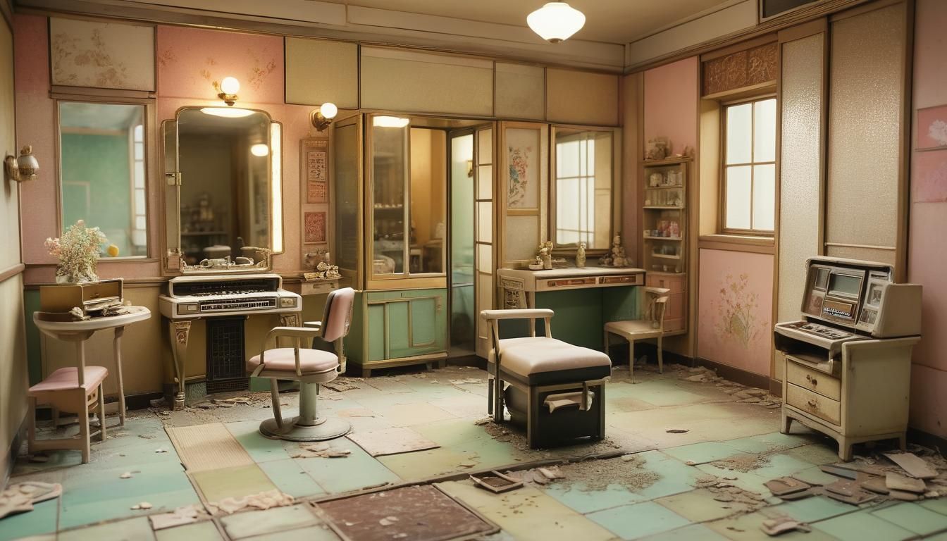 Miniature Abandoned Japanese Salon with Golden Light