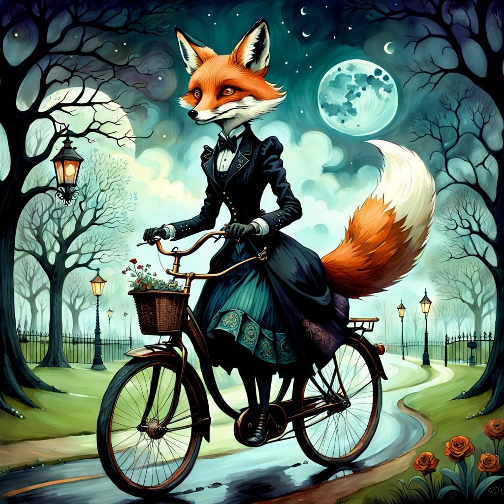 Steampunk Fox Rides Through Victorian Park