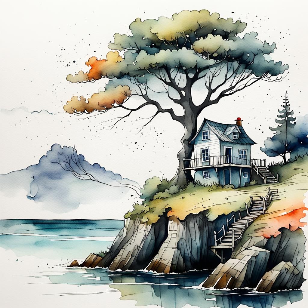 Charming Seaside House in Ink and Watercolour
