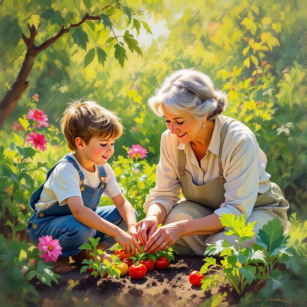 Grandson and Grandma Gardening in Sunlight Oil Painting