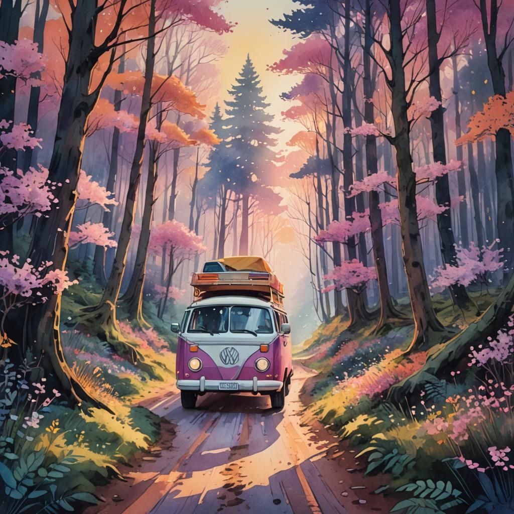 Fairytale Campervan in Whimsical Forest, Watercolor Art