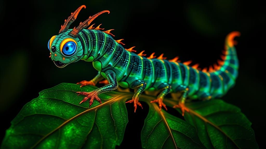 Bioluminescent Dragon Caterpillar in Kintsugi Style