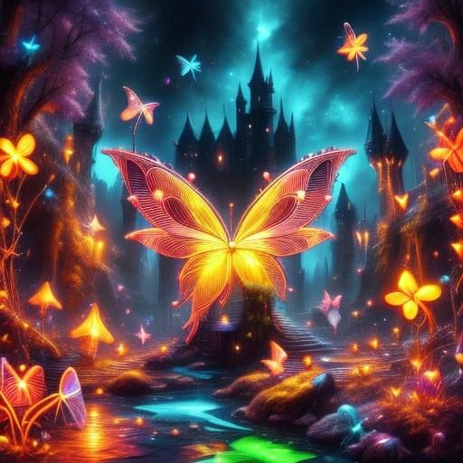 Medieval Castle with Neon Fairies, Digital Art