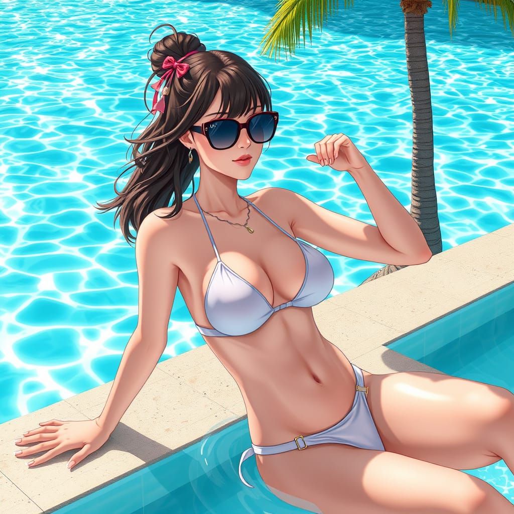 Brunette in Sunglasses: 3D Anime Poolside Art