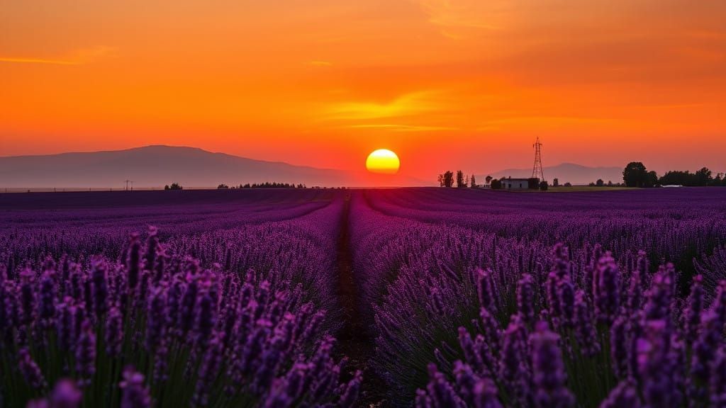 Charming Landscape with Vibrant Sunset and Lavender