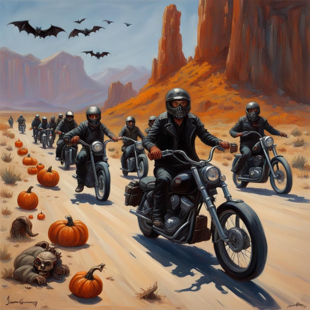 Motorbikers in Desert Landscape, Oil Painting