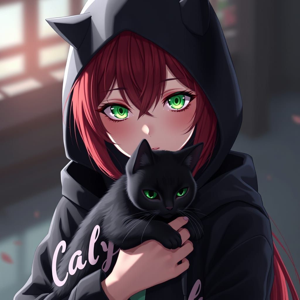 Surreal Red-Haired Girl Enchants with Feline Companion in Cy...