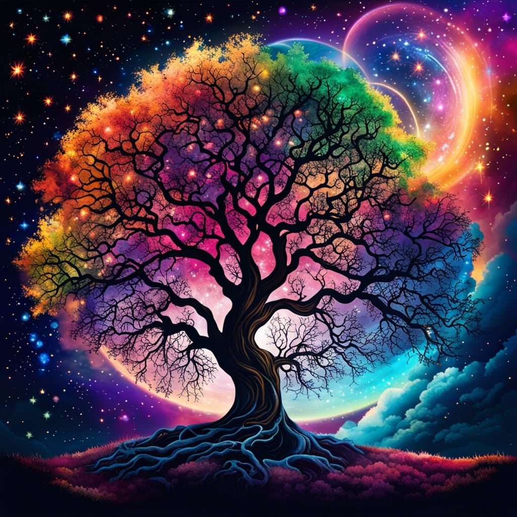 Rainbow Cloud Tree on Star Nebula, Digital Painting