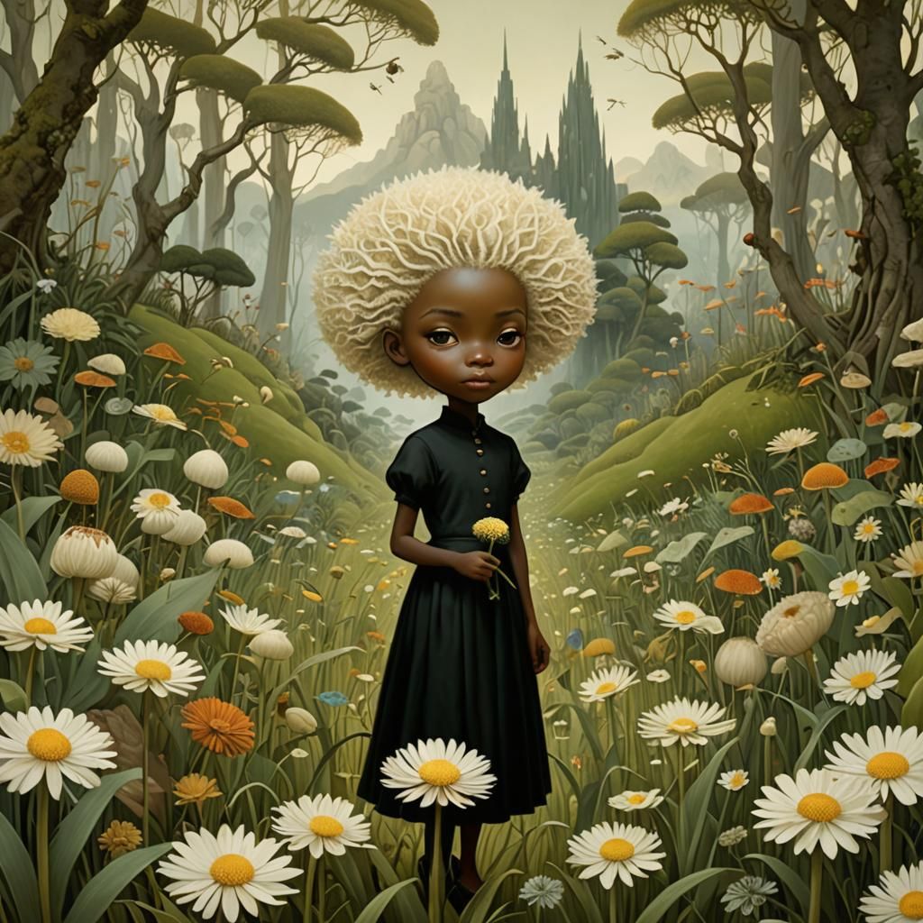 Miniature Girl's Journey Through Surreal Garden Art