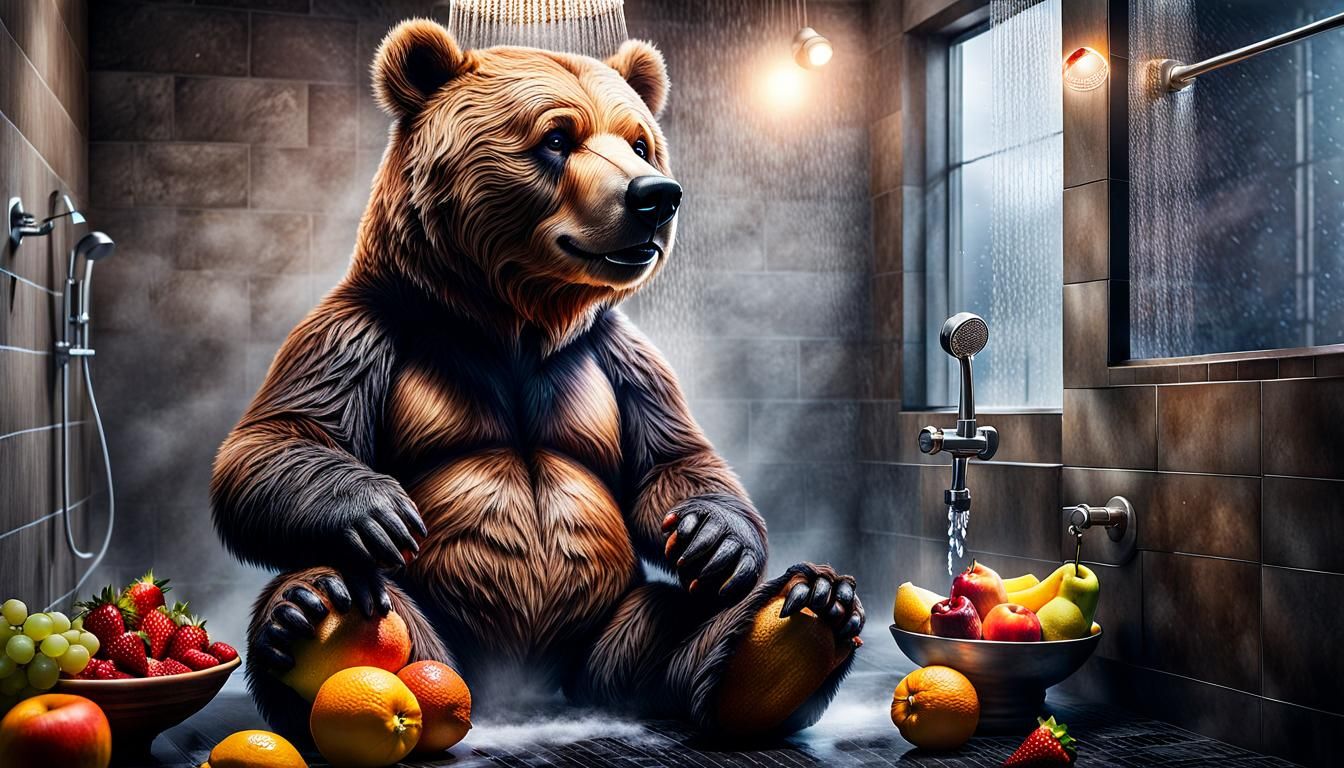 Hyperrealistic Teddy Bear Enjoys Fruity Shower