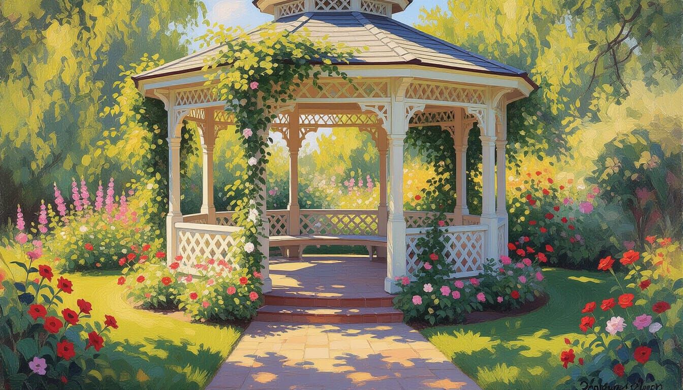 Gazebo in Vibrant Garden, Impressionistic Style