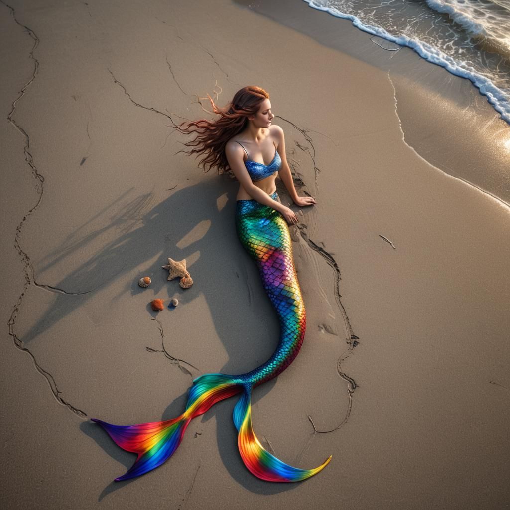 Rainbow Mermaid at Sunrise: Hyperrealistic Beach Scene