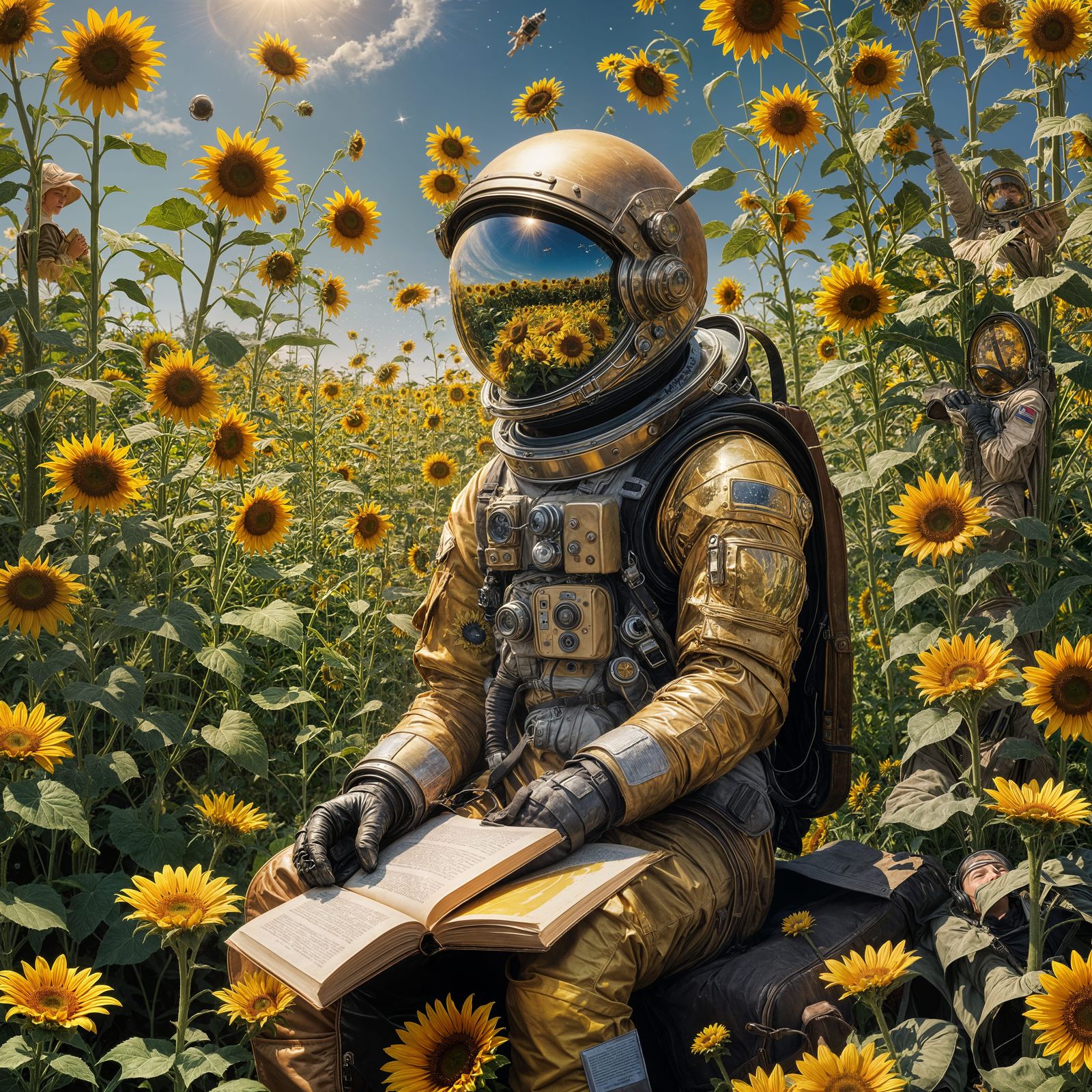 Astronaut Reading in Sunflower Field: Matte Painting