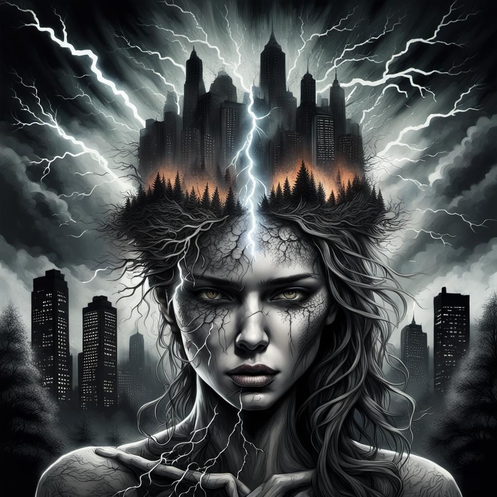 Eerie Male Figure with Cityscape, Dark Fantasy Illustration