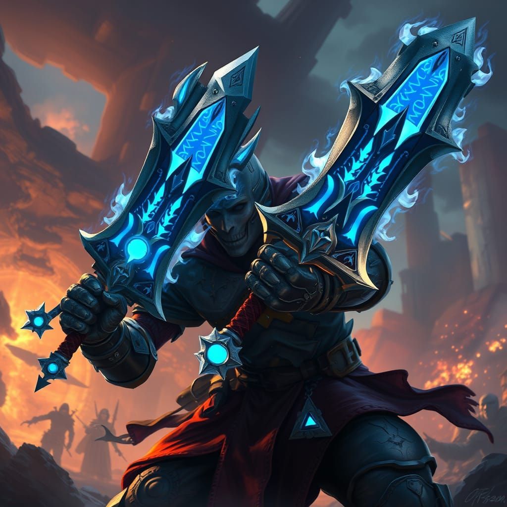 Fantasy Warrior with Dual Swords on Battlefield