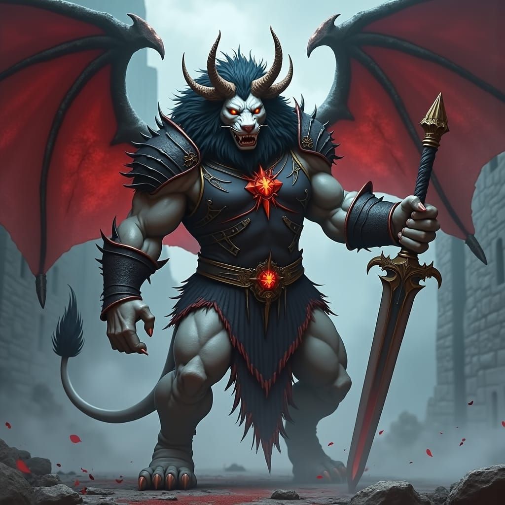 Fearsome Were-Lion Demon on Battlefield, Dark Fantasy Art