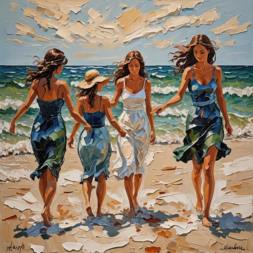 Impasto Painting of Young Women at Beach