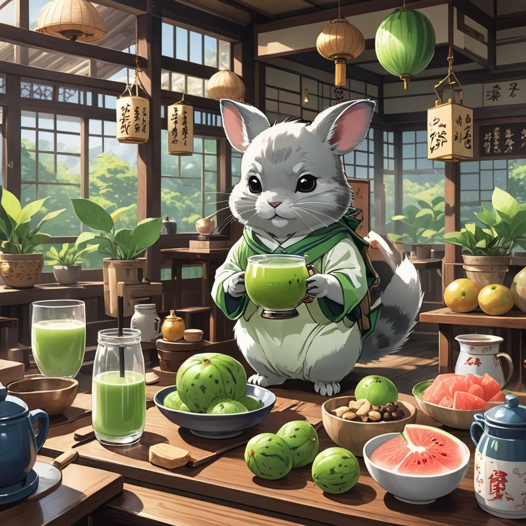Chinchilla in Japanese Tea House: Manga-Style Art