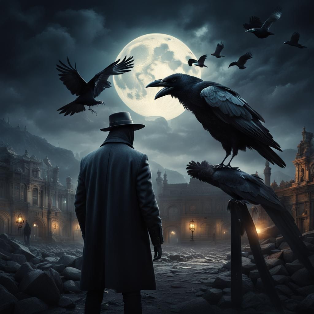 Mysterious Masked Man and Crow in Moonlight
