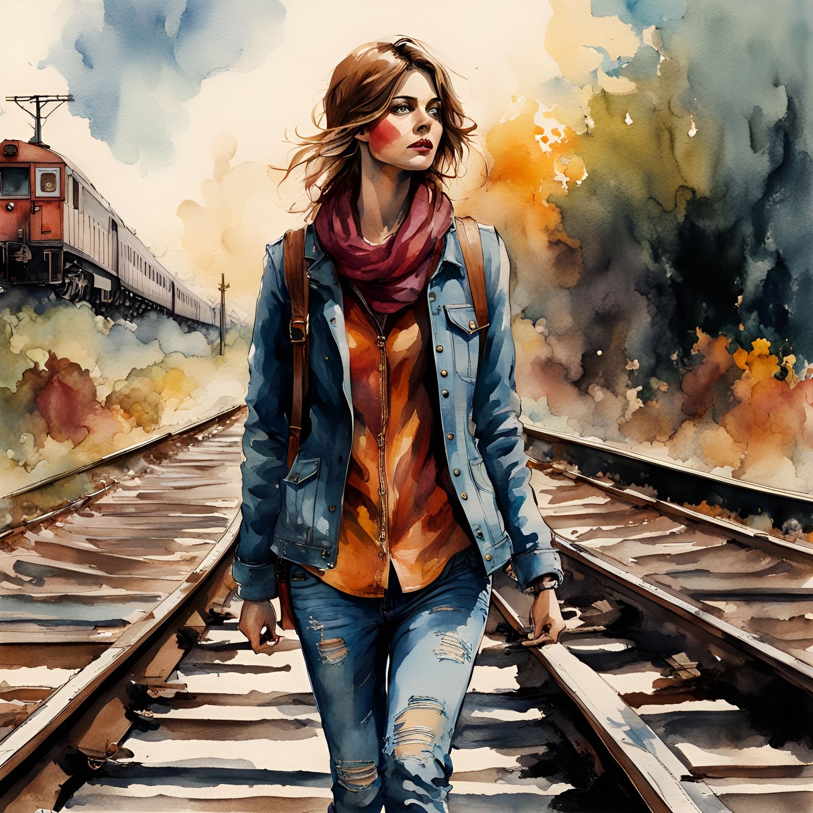 Dystopian Railroad: Ink and Watercolor Aetherpunk Woman