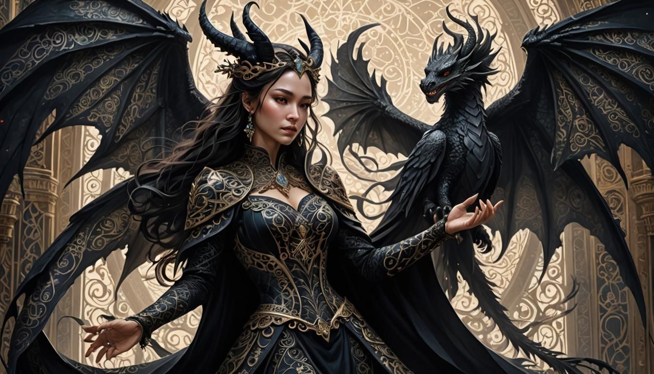 Sorceress Unveiling Dragon Wings in Gothic Fantasy Art