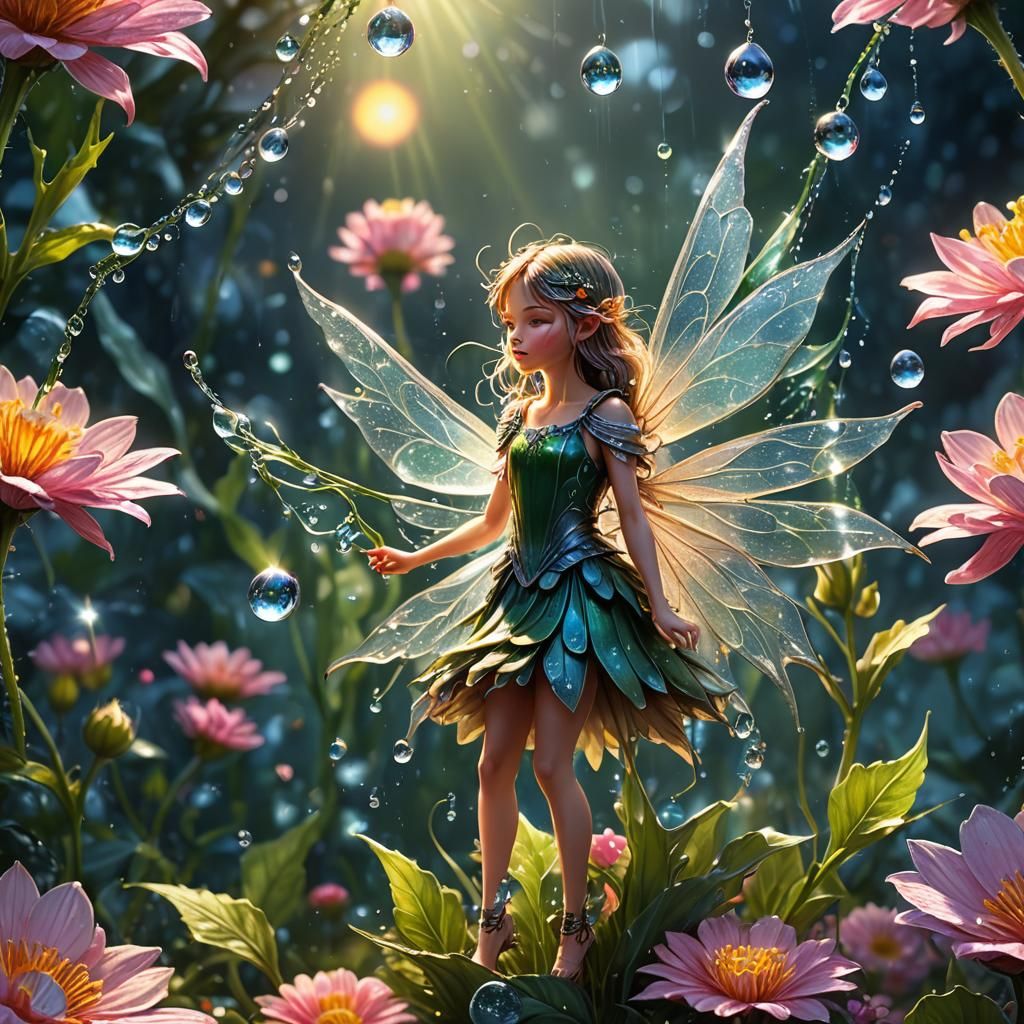 Luminous Fairy Collecting Dew Drops Illustration