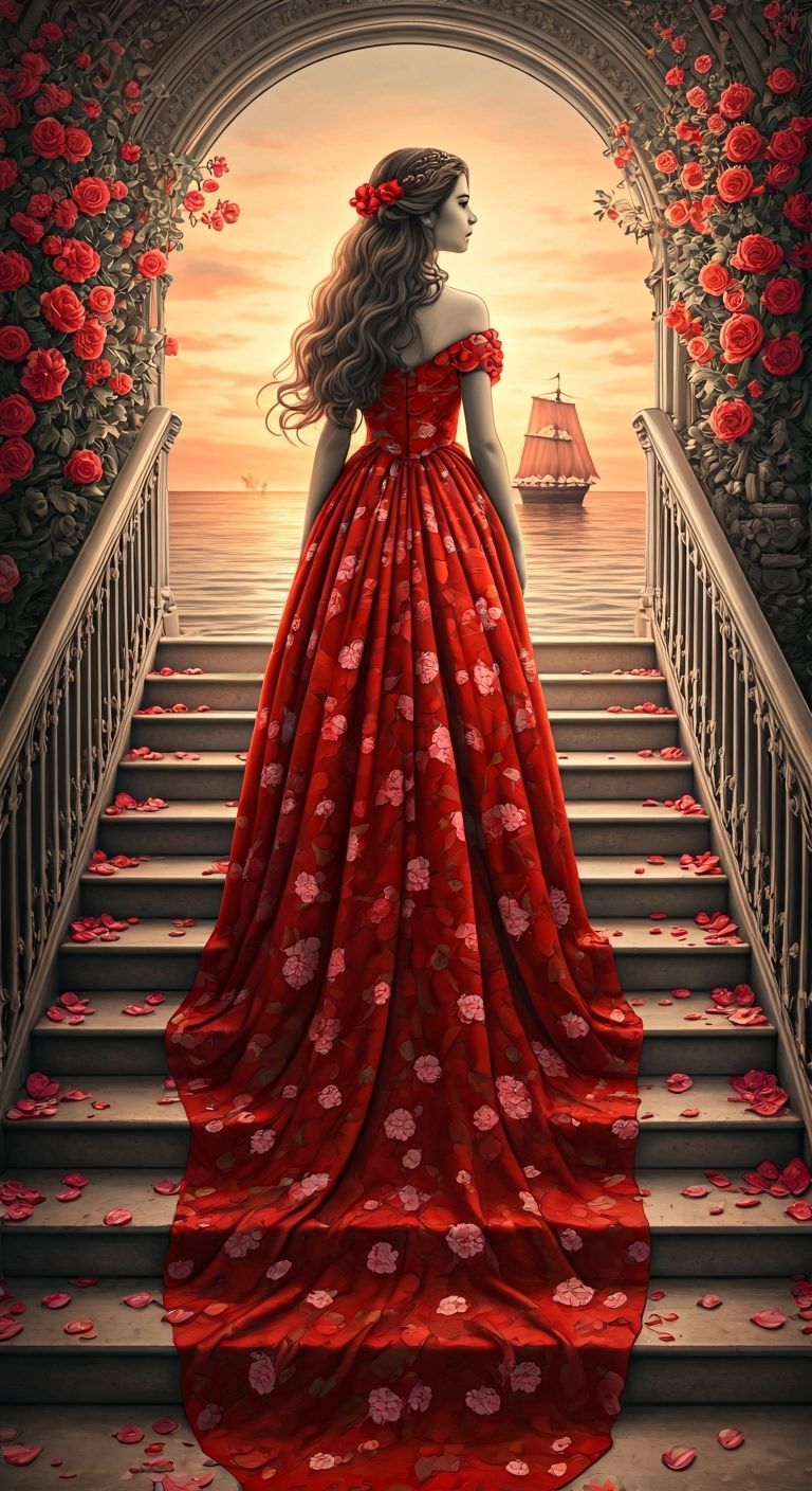 beautiful girl, in a lush dress of red flowers, with a long train of flowers ascends the stairs