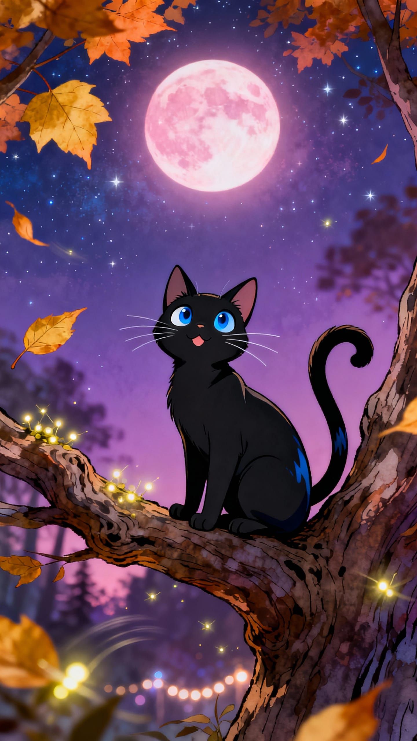 Anime Black Cat on Tree Branch in Autumn Night