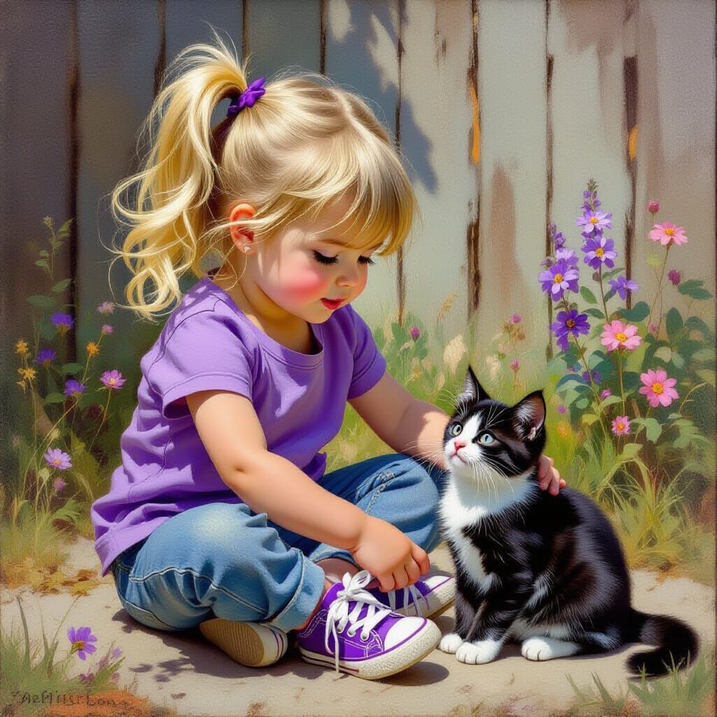 Toddler Girl with Kitten in Art Nouveau Oil Painting