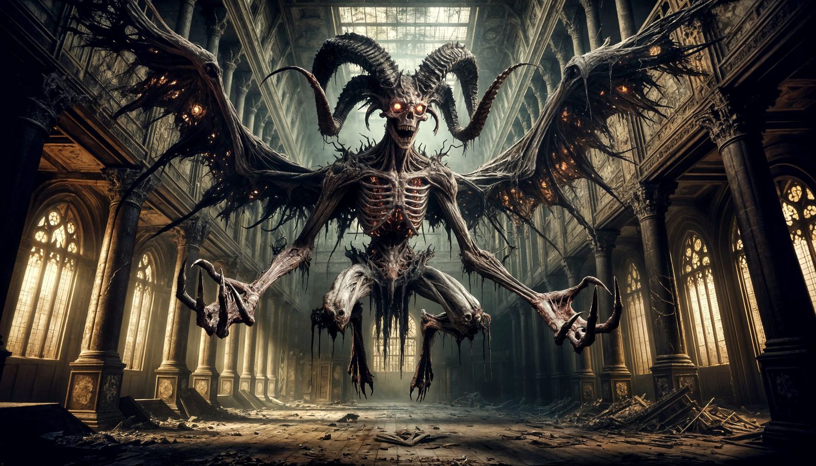 Apocalyptic Monster in Decaying Gothic Hall