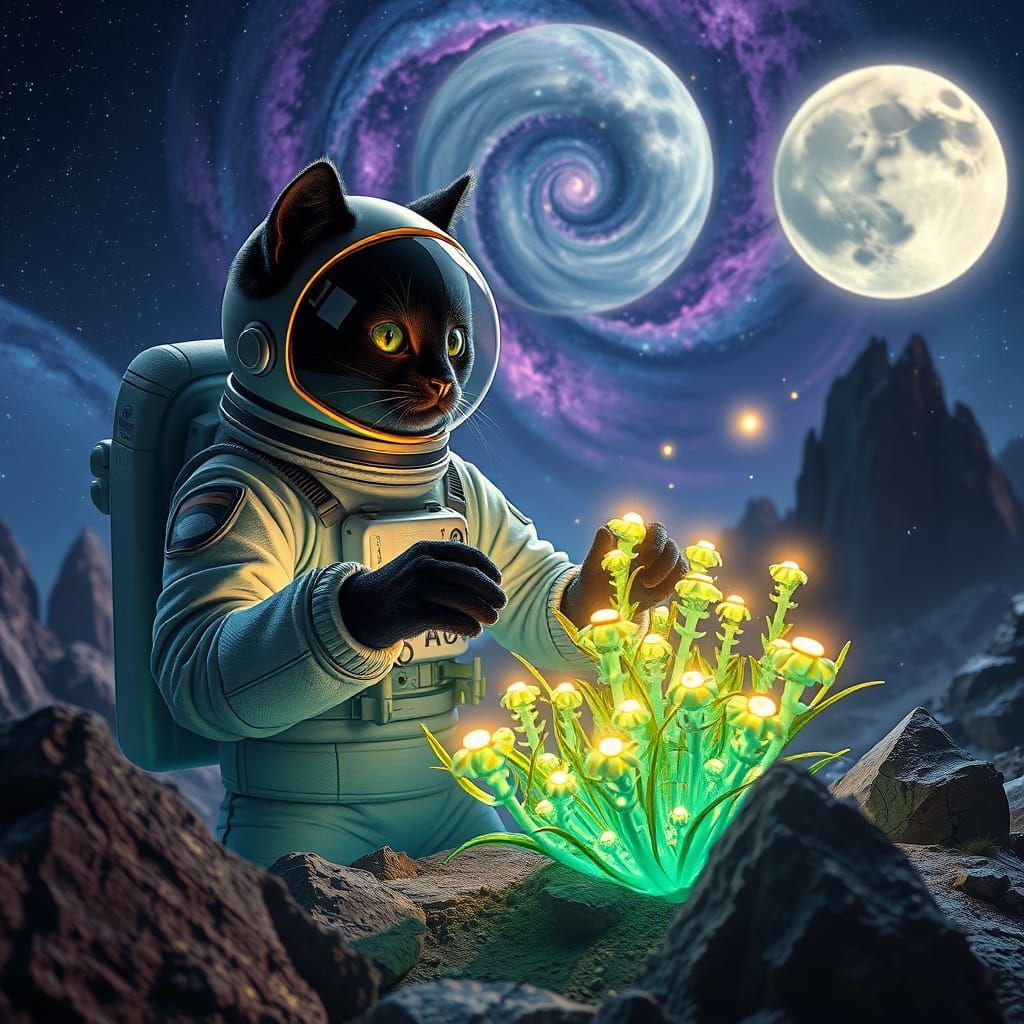Black Cat Astronaut Explores Alien Bioluminescent Garden