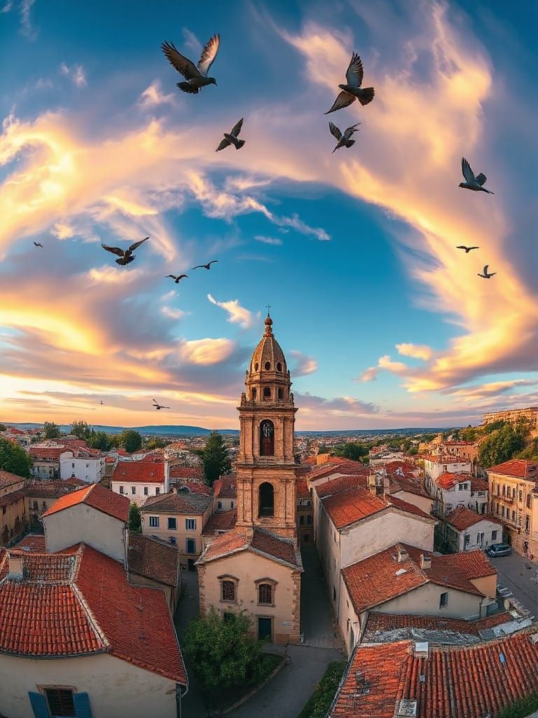 Picturesque Town Panorama with Bell Tower and Pigeons