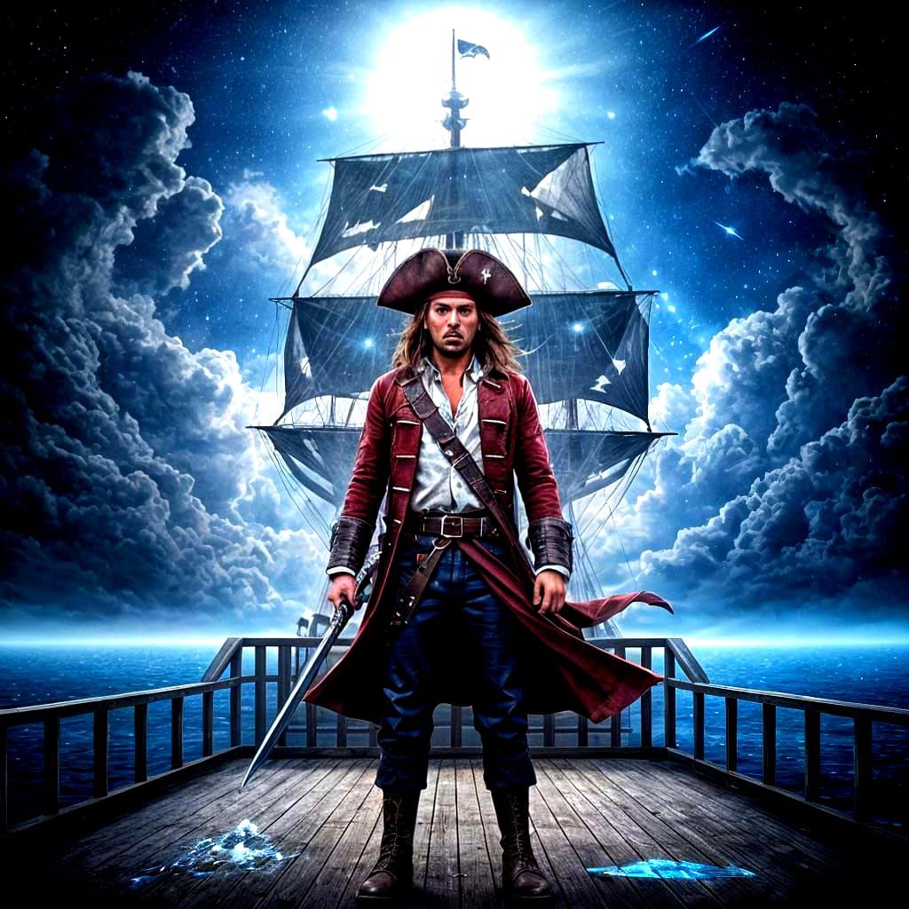 Pirate Captain Navigates Cosmic Starship Through Nebula